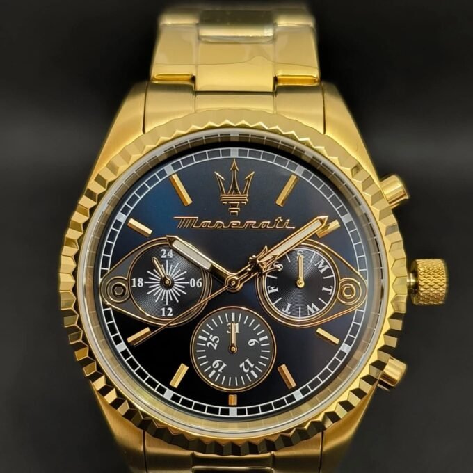 Montre Maserati Competizion R8853100026 - Montre Analogique Sportive pour Hommes avec Cadran Bleu et Bracelet Métallique Jaune