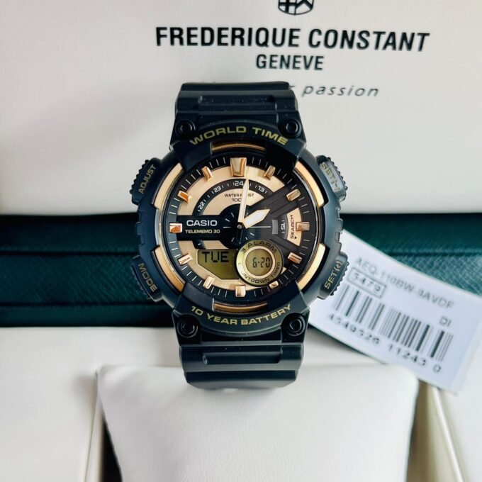 Montre Homme Casio AEQ-110BW-9AVDF Quartz Analogique-Numérique, Acier Inoxydable, Bracelet Silicone Noir, Verre Résine, 52mm, 2017