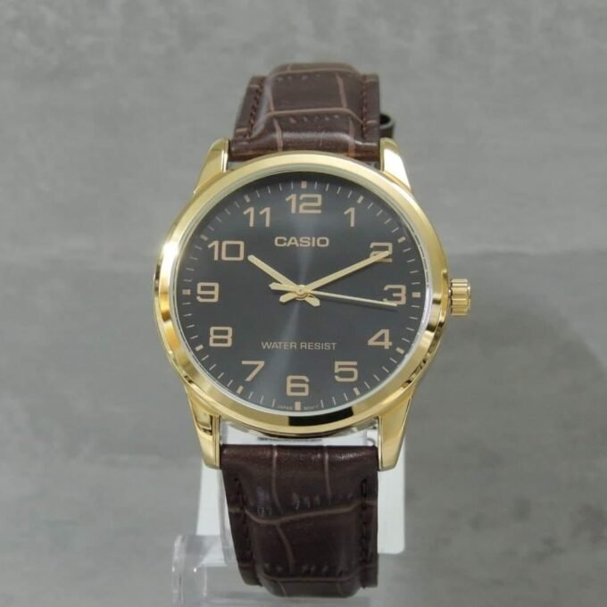 Montre Homme Casio – Classique, Bracelet Cuir, Garantie 3 ans, Étanche, Dorée – Référence MTP-V001GL-1BUDF