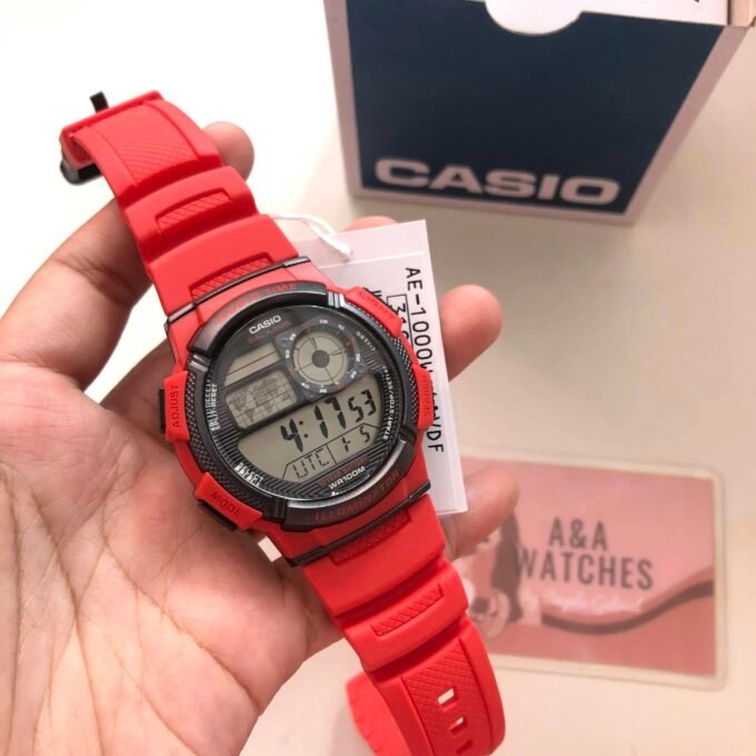 Montre Casio Homme - Bracelet Rouge En Resine - Boitier En Resine - Résistante À L'Eau - 12 Mois De Garantie - Ae-1000W-4Avdf