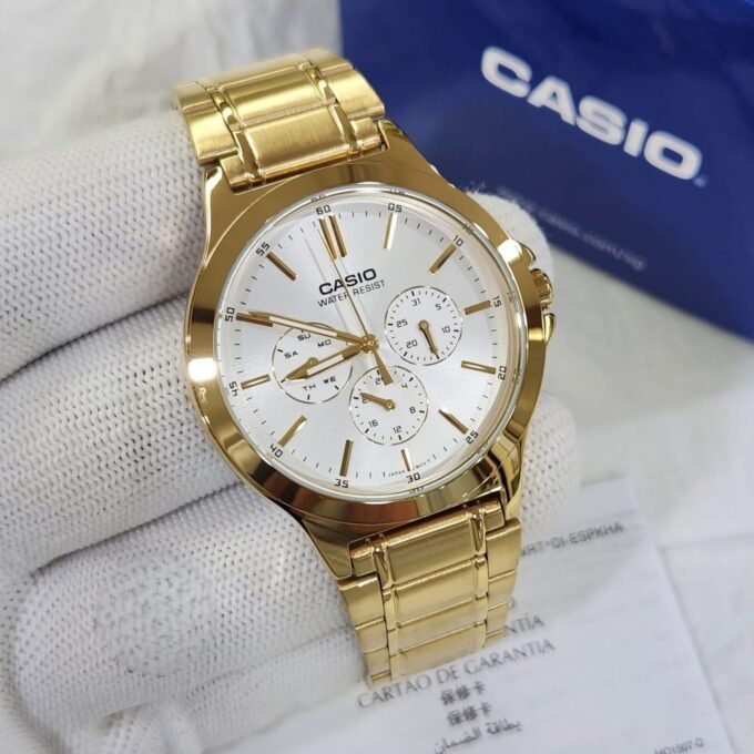 Montre CASIO Homme - Bracelet DoRée En Acier Inoxydable - Cadran Blanc - 12 Mois De Garantie - MTP-V300G-7AUDF
