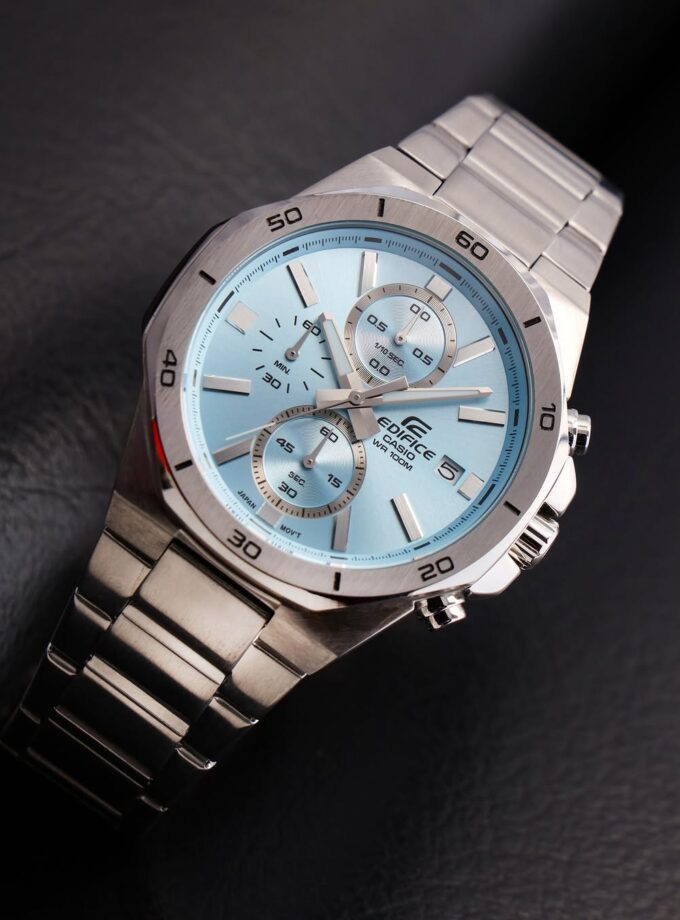 montre classique homme casio edifice design Élégant, bracelet acier inoxydable, Étanche 100m, mouvement quartz acier bleu référence efv 640d 2bvudf