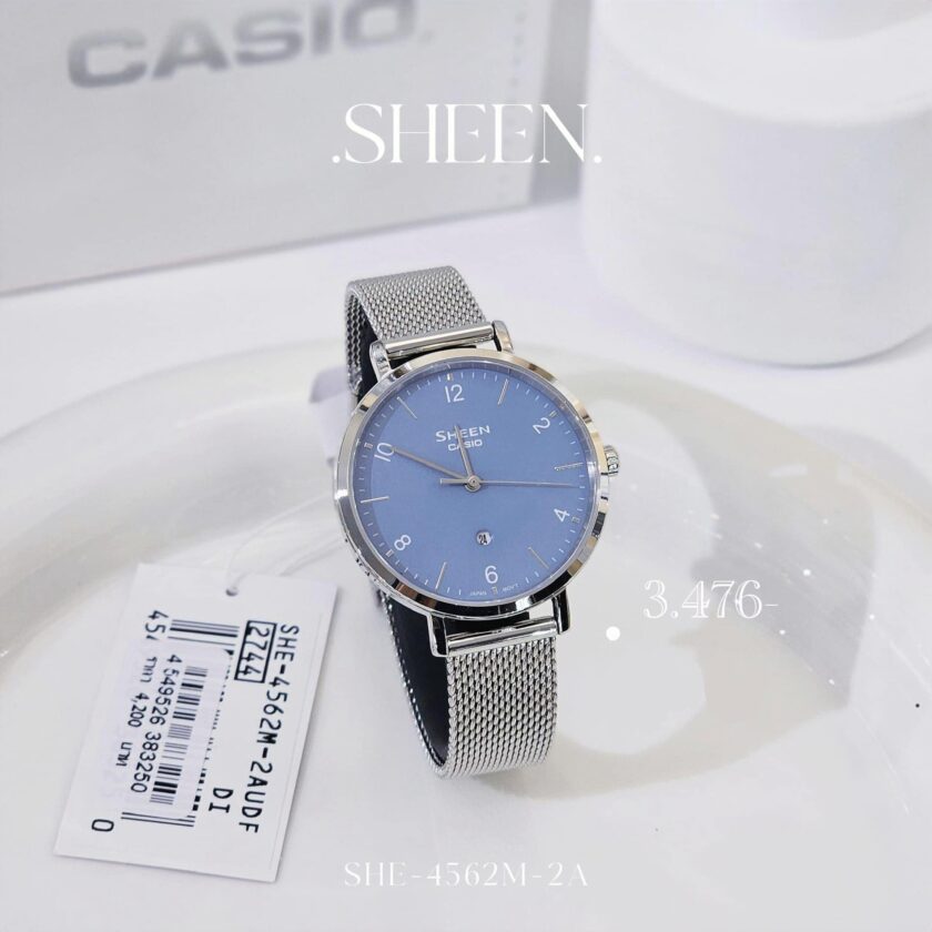 montre femme casio bracelet en maille acier inoxydable fermoir réglable 50 mètres she 4562m 2audf verre saphir