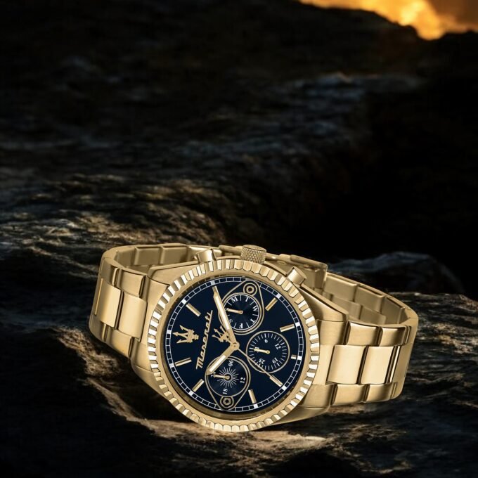 Montre Maserati Competizion R8853100026 - Montre Analogique Sportive pour Hommes avec Cadran Bleu et Bracelet Métallique Jaune