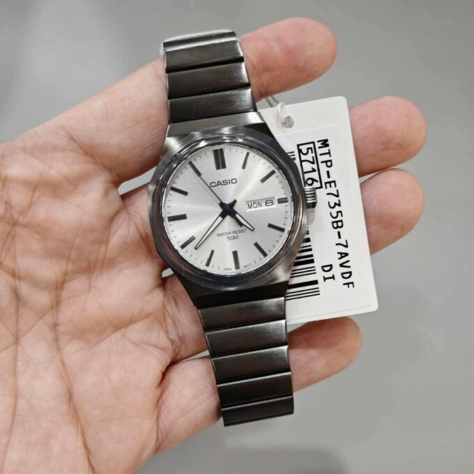 montre analogique homme casio enticer quartz, cadran argenté, acier inoxydable, etanche argent mtp e735b 7avdf