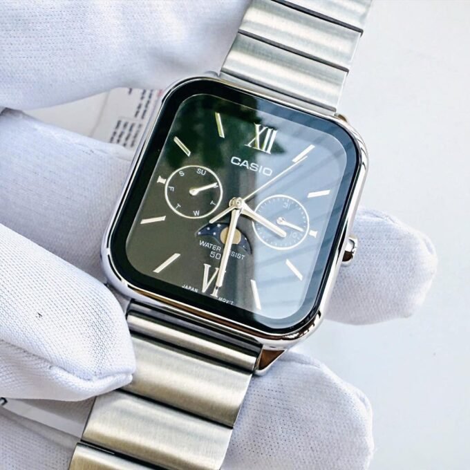 montre homme casio – phases de lune, acier inoxydable, affichage analogique, étanche – argenté – mtp m305d 1a2v