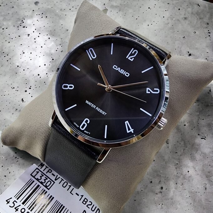 Montre CASIO Homme - MTP-VT01L-1B2UDF - Bracelet Noir En Cuir Véritable - Résistante à l'eau - 12 Mois De Garantie