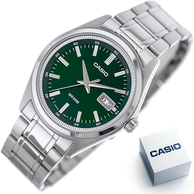 Montre homme Casio MTP-B180D-3AVDF - Acier inoxydable, bracelet métal, verre minéral, étanche 50m, date, précision ±20s/mois - Vert, référence MTP-B180D-3AVDF