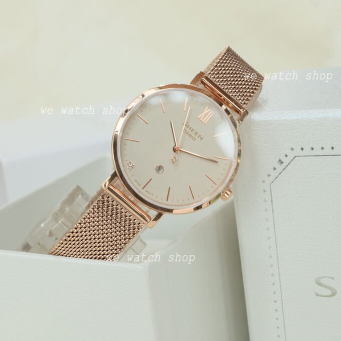 Montre Classique Femme - Casio Sheen SHE-4539CGM-4AUDF - Acier Inoxydable, Bracelet Maille, Rose Doré, Étanche - Boutique Aïwatch