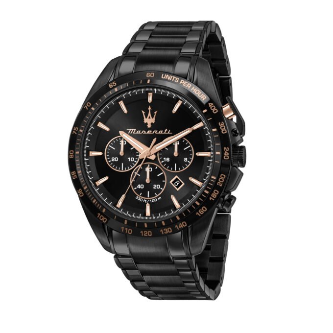 montre homme maserati traguardo cadran noir r8873612048 bracelet en acier inoxydable noir affichage analogique résistant à l'eau