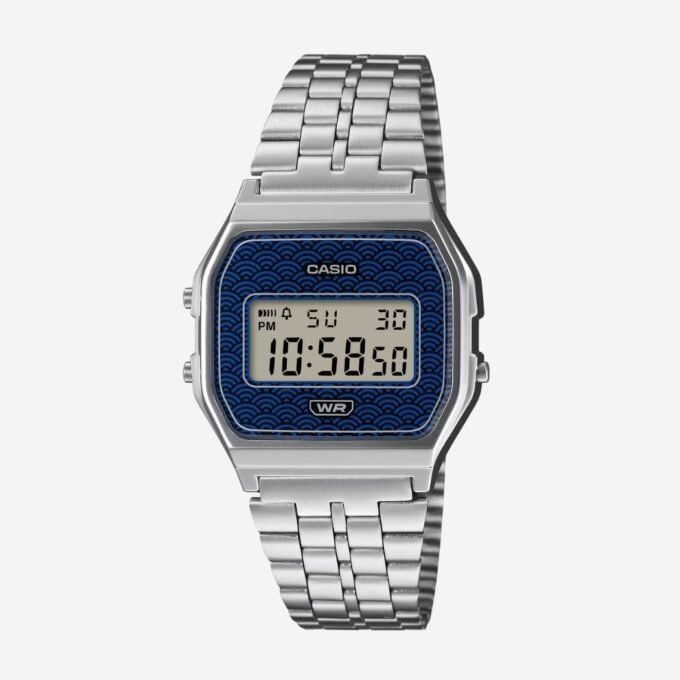 Montre CASIO Adulte Unisexe Quartz Rectangle, Date, Vintage, Quotidien, 33 mm, Étanche 30m, Verre Minéral, Résine, Acier, Cadran Bleu, Bracelet Gris - A159WEVJ-2DR