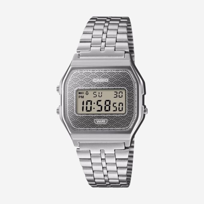 Montre CASIO Vintage Quartz Unisexe - Cadran Rectangulaire Blanc, Fonction Date, Boîtier 33mm Résine, Verre Minéral, Étanche 30m, Bracelet Acier Gris - A159WEVJ-7DR