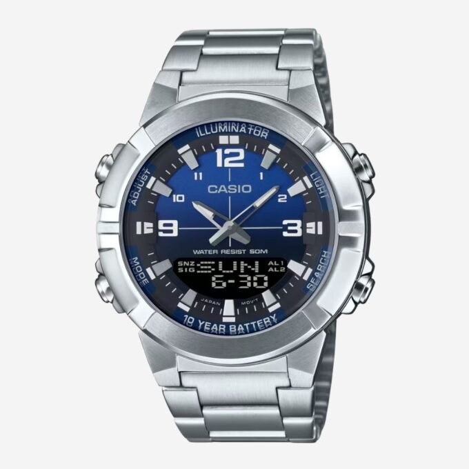 Montre CASIO Homme Classique Quartz Acier 44 mm, Cadran Bleu, Bracelet Gris, Alarme, Chronographe, Date, Étanche 50m, Verre Minéral - AMW-870DA-2A1VDF