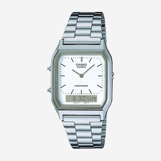 Montre CASIO Homme Quartz Vintage Acier, Cadran Rectangle Blanc, Bracelet Gris, Date Jour Alarme, Étanche 30m, Verre Minéral, 30mm - AQ-230A-7DMQ