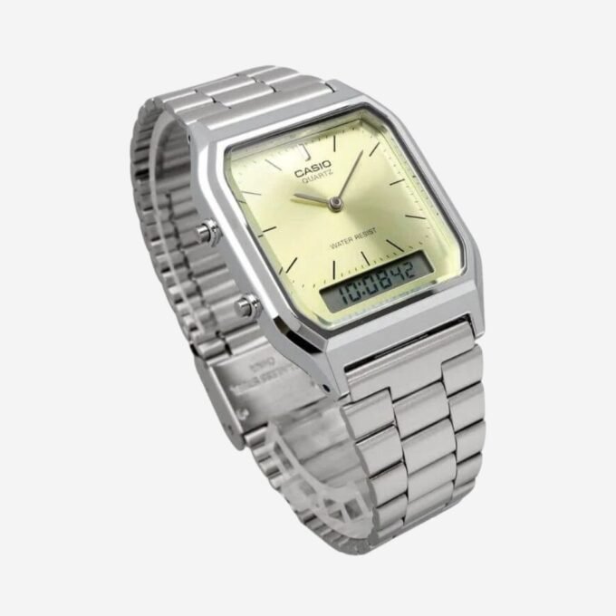 Montre CASIO Homme Quartz Acier Rectangle Doré Gris Date Jour Alarme Vintage 30mm Réf AQ-230A-9AMQYDF