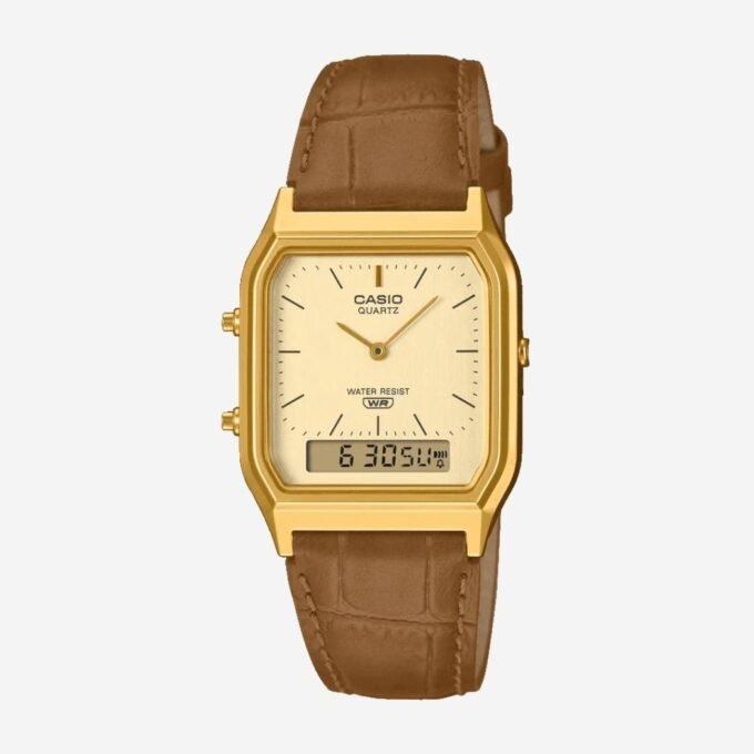 Montre CASIO Vintage Quartz Homme - Cadran Rectangle Doré, Bracelet Cuir Marron, Date Jour Alarme, 30mm, Étanche 30m - Réf AQ-230EGL-9ADF