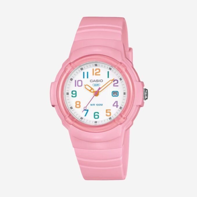 Montre CASIO Femme Quartz Rond Date Classique Quotidien 35 mm Étanche 100m Verre Résine Boîtier Résine Bracelet Résine Cadran Blanc Bracelet Rose LX-800H-4AVDF