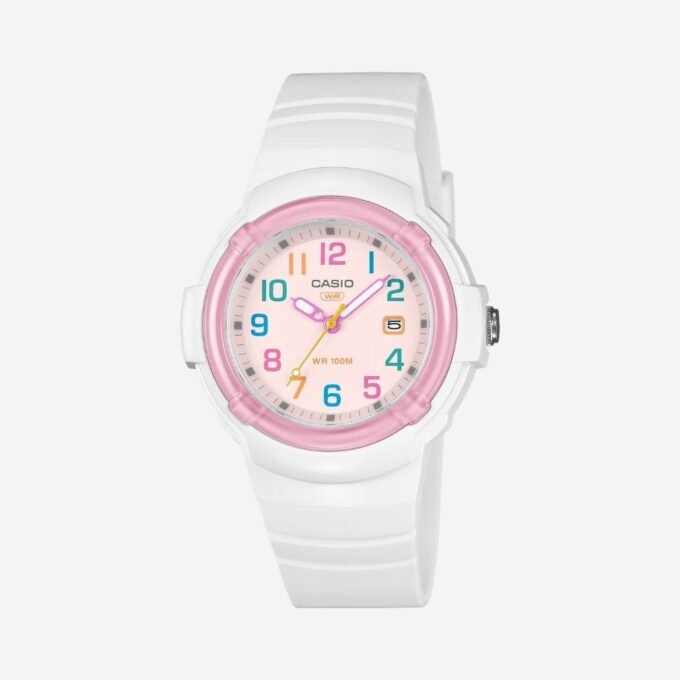 Montre CASIO Femme Quartz, Cadran Rond Blanc et Rose, Date, Style Classique, Boîtier 35 mm en Résine, Étanche 100m, Bracelet Gris en Résine - LX-800H-7A1VDF