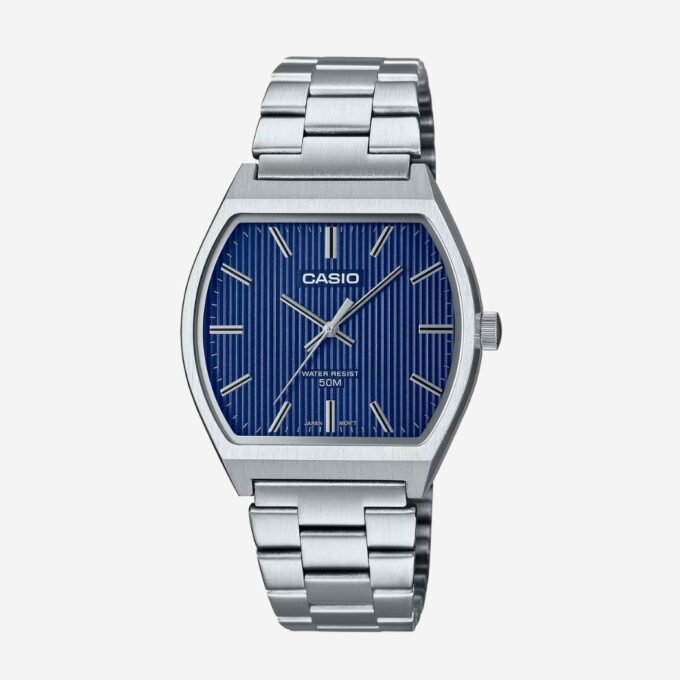 Montre CASIO Homme - Quartz, Acier, Cadran Rond Bleu, Bracelet Acier Gris, Date, Étanche 50m, Verre Minéral, Classique Quotidien, 36 mm - MTP-B140D-2AVDF