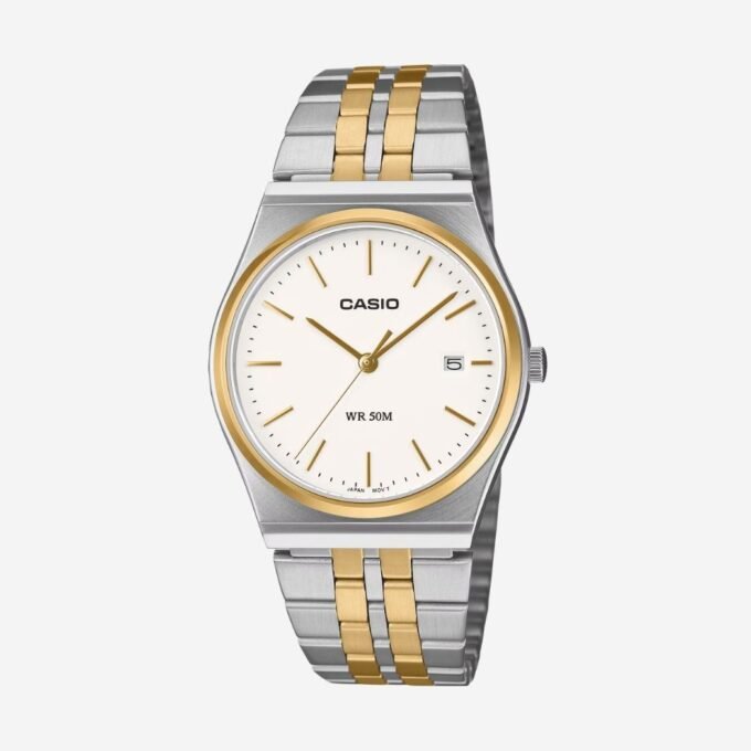 Montre CASIO Homme Quartz, Cadran Rond Blanc, Fonction Date, Style Classique, Boîtier Acier 35 mm, Verre Minéral, Étanchéité 50m, Bracelet Acier Doré et Gris, Usage Quotidien, MTP-B145SG-7AVDF