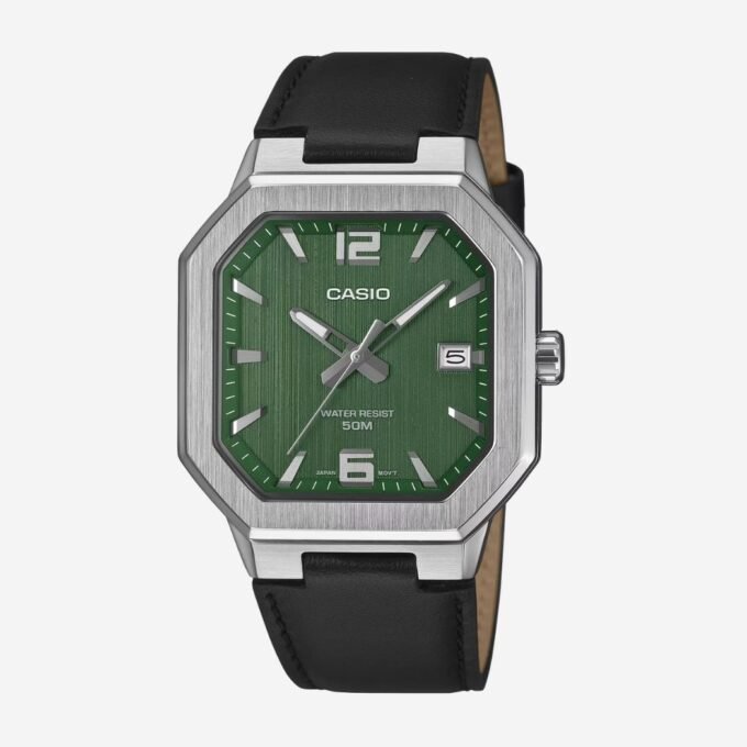 Montre CASIO Classique Homme - Quartz, Cadran Carré Vert, Fonction Date, Boîtier Acier 38 mm, Verre Minéral, Étanchéité 50m, Bracelet Cuir Noir - MTP-B195L-3AVDF