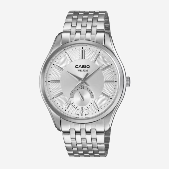 Montre CASIO Homme Classique Quartz, Cadran Rond Gris 40 mm, Fonction Date, Verre Minéral, Boîtier Acier, Bracelet Acier Gris, Étanche 50m, Usage Quotidien, MTP-B315D-7AVDF