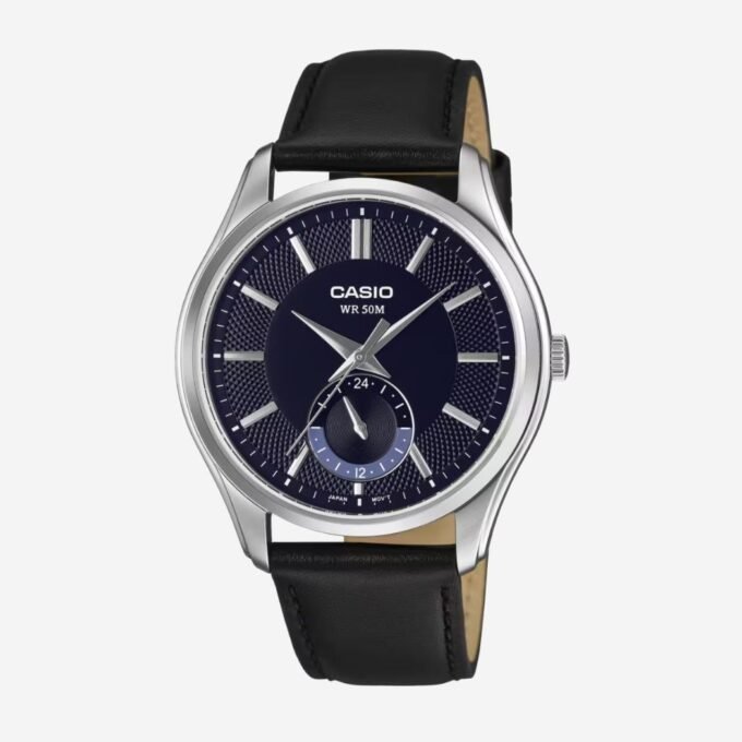 Montre CASIO Homme Classique Quartz, Cadran Rond Bleu 40 mm, Fonction Date, Verre Minéral, Boîtier Acier, Bracelet Cuir Noir, Étanche 50m, MTP-B315L-2AVDF