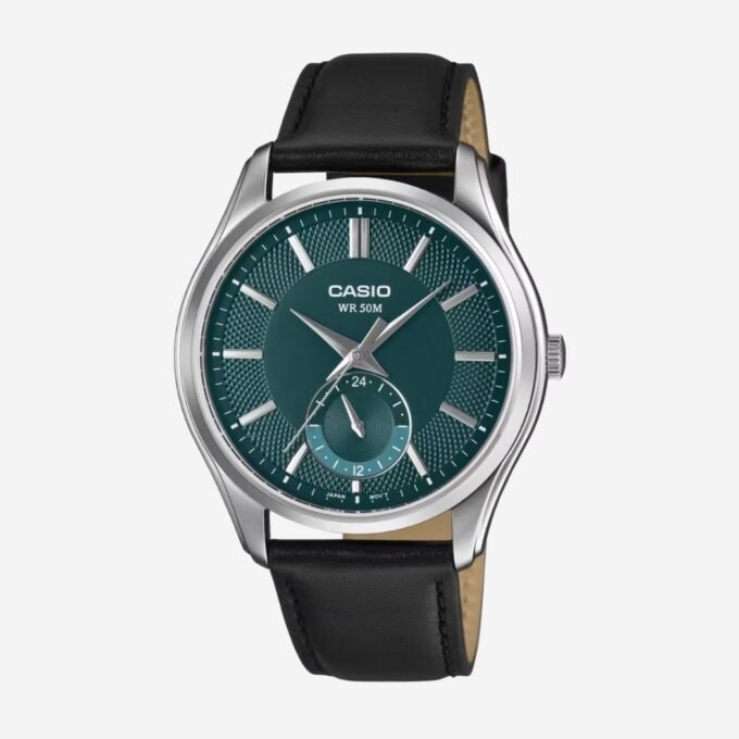 Montre CASIO Homme Classique, Quartz, Cadran Rond Vert 40 mm, Fonction Date, Verre Minéral, Boîtier Acier, Bracelet Cuir Noir, Étanche 50m, Usage Quotidien - MTP-B315L-3AVDF