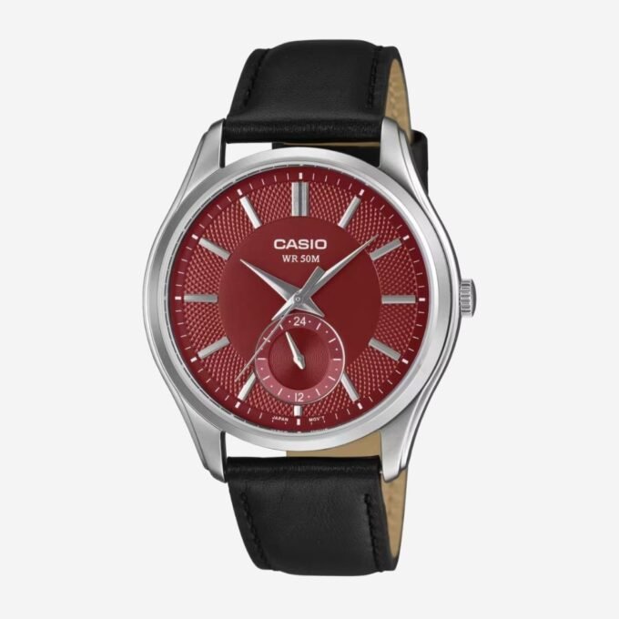 Montre CASIO Homme Classique Quartz, Cadran Rond Rouge 40 mm, Fonction Date, Verre Minéral, Boîtier Acier, Bracelet Cuir Noir, Étanche 50m, MTP-B315L-4AVDF
