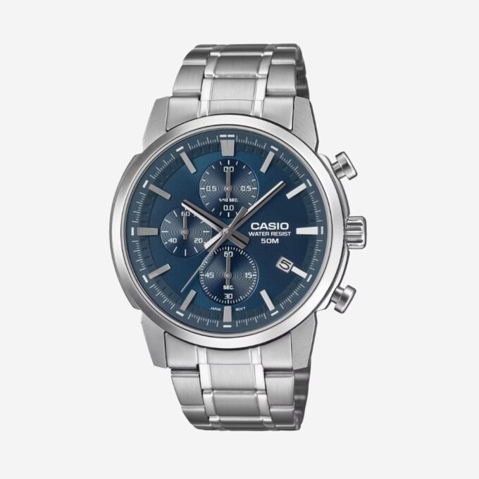 Montre CASIO Homme Quartz, Acier, Cadran Bleu, Bracelet Gris, 42 mm, Date, Étanche 50m, Verre Minéral, Style Classique - MTP-E510D-2A2VDF