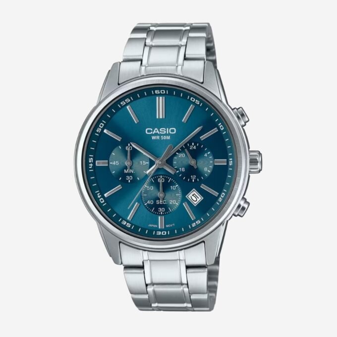 Montre CASIO Homme Classique Quartz, Cadran Bleu Rond 41 mm, Bracelet Acier Gris, Verre Minéral, Étanche 50m, Date - MTP-E515D-2A1VDF