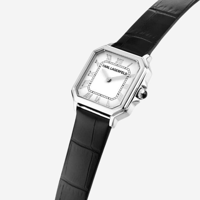 Montre KARL LAGERFELD Femme - Boîtier 33 mm Acier, Cadran Carré Blanc, Bracelet Cuir Noir, Mouvement Quartz, Fonction Date, Étanchéité 30m, Verre Minéral, Style Élégant - R0551110502