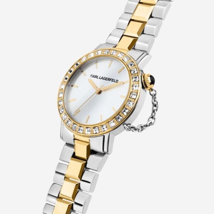 Montre KARL LAGERFELD Femme - Diamètre 33 mm, Mouvement Quartz, Fonction Date, Verre Minéral, Étanche 50m, Cadran et Bracelet Acier Doré/Gris, Style Élégant - R0553100504