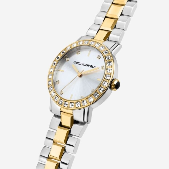 Montre KARL LAGERFELD Femme - Quartz, Rond, Acier, Date, Étanche 50m, Verre Minéral, Cadran Doré/Gris, Bracelet Acier Doré/Gris, Élégant, Cérémonie - R0553100509