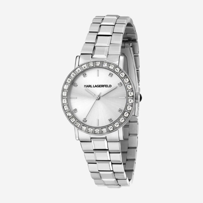 Montre KARL LAGERFELD Femme - Cadran Rond Gris, Boîtier Acier 33 mm, Bracelet Acier Gris, Mouvement Quartz, Étanche 50m, Verre Minéral, Élégante - R0553100511
