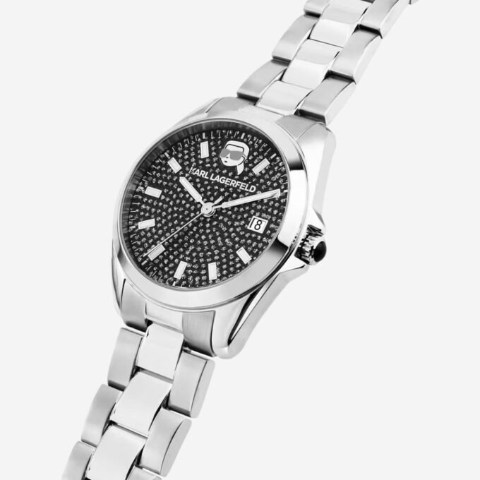 Montre KARL LAGERFELD Femme - Diamètre 35 mm, Étanchéité 50m, Verre Minéral, Acier, Cadran Noir, Bracelet Gris, Quartz, Date, Élégant, Cérémonie - R0553101515