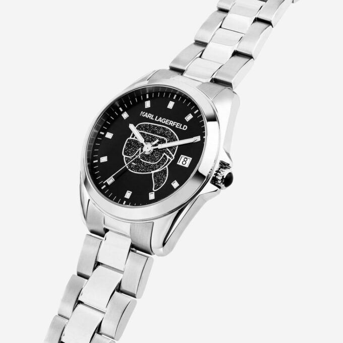 Montre KARL LAGERFELD Femme - Quartz, Acier, Cadran Noir, Bracelet Gris, Date, Élégant, Cérémonie, 35 mm, Verre Minéral - R0553101516