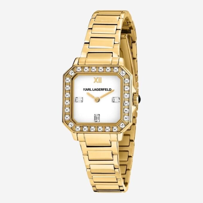 Montre KARL LAGERFELD Femme, Boîtier 33 mm en Acier, Cadran Blanc Carré, Bracelet Acier Doré, Mouvement Quartz, Style Élégant, Pour Cérémonie - R0553102501