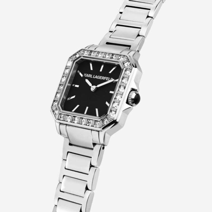 Montre KARL LAGERFELD Adulte, Boîtier 33 mm, Cadran Carré Noir, Bracelet Acier Gris, Mouvement Quartz, Étanche 50m, Fonction Date, Style Élégant, Occasion Cérémonie - R0553102502