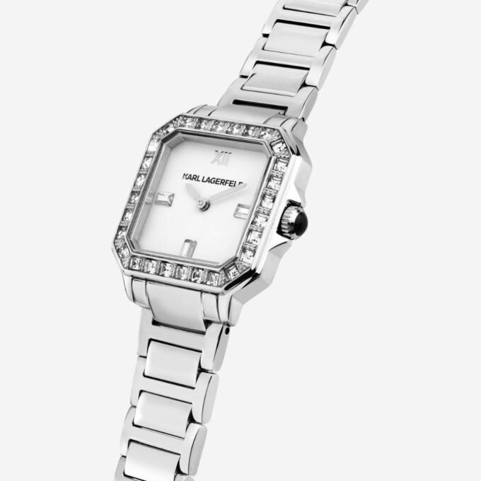 Montre KARL LAGERFELD Femme, Boîtier 33 mm, Cadran Carré Blanc, Bracelet Acier Gris, Verre Minéral, Quartz, Date, Étanche 30m, Élégant, Cérémonie - R0553102503