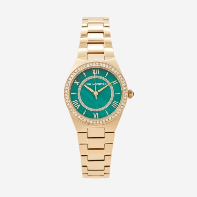Montre Karl Lagerfeld Femme, Cadran Vert Rond 30mm, Quartz, Date, Étanche 50m, Verre Minéral, Bracelet Acier Doré, Élégant Cérémonie - R0553105502