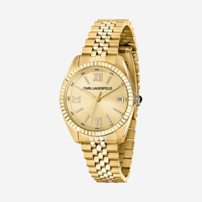 Montre KARL LAGERFELD Femme - Boîtier 32 mm, Quartz, Verre Minéral, Acier, Cadran Doré, Bracelet Acier Doré, Date, Étanche 50m, Élégant - Référence R0553108504
