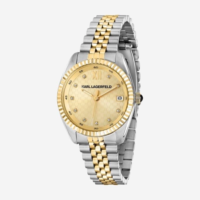Montre Karl Lagerfeld Femme - Acier, Quartz, Verre Minéral, Diamètre 32 mm, Étanche 50m, Cadran Doré, Date, Élégant, Cérémonie - R0553108506