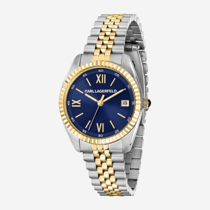 Montre KARL LAGERFELD Adulte, Diamètre 32 mm, Étanchéité 10m, Verre Minéral, Quartz, Date, Cadran Rond Bleu, Bracelet Acier Doré, Élégant, Cérémonie - R0553108507