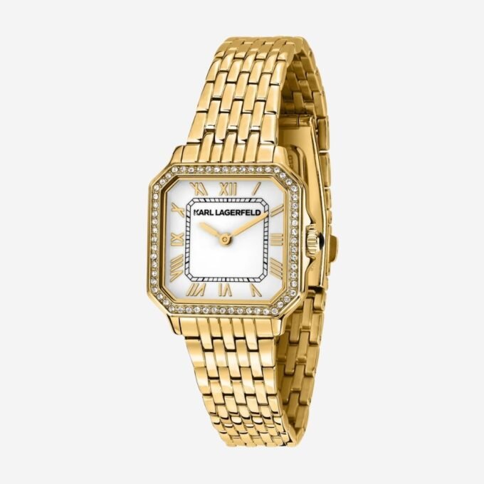 Montre KARL LAGERFELD Femme, Boîtier 28 mm en Acier, Cadran Blanc Carré, Bracelet Acier Doré, Mouvement Quartz, Fonction Date, Étanche 30m, Verre Minéral, Élégante pour Cérémonie - R0553110501
