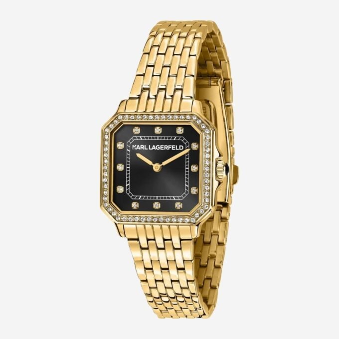 Montre KARL LAGERFELD Femme - Quartz, Cadran Rond Noir, Date, Étanche 30m, Verre Minéral, Boîtier Acier 33mm, Bracelet Acier Doré - Élégante, Cérémonie - Référence R0553110502