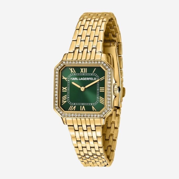 Montre KARL LAGERFELD Femme - Boîtier 28 mm, Cadran Vert Carré, Bracelet Acier Doré, Quartz, Date, Étanche 30m, Verre Minéral - Élégante Cérémonie - R0553110503