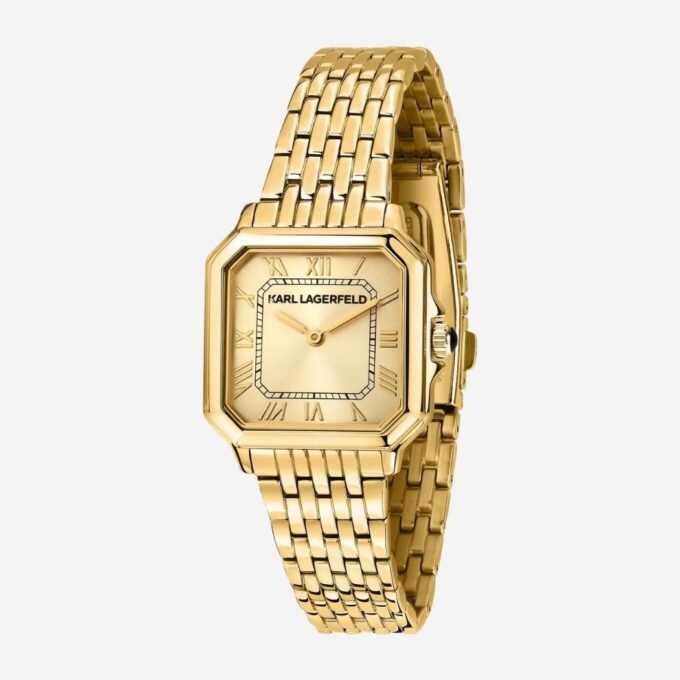 Montre KARL LAGERFELD Femme, Boîtier 28 mm en Acier, Cadran Carré Doré, Bracelet Acier Doré, Mouvement Quartz, Fonction Date, Étanche 30m, Verre Minéral, Style Élégant, Cérémonie - R0553110504