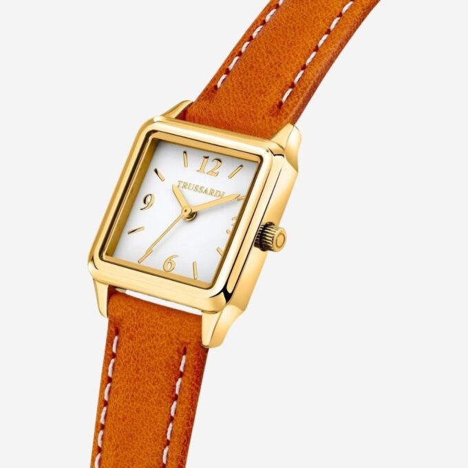 Montre TRUSSARDI Adulte Quartz, Cadran Carré Blanc, Boîtier Acier 34 mm, Verre Minéral, Bracelet Cuir Marron, Style Classique, Quotidien - R2451173501