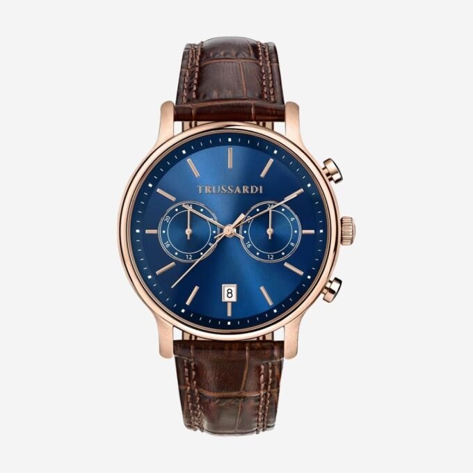 Montre TRUSSARDI Adulte Quartz, Cadran Rond Bleu et Doré, Bracelet Cuir Marron, Date, Étanchéité 50m, Verre Minéral, Diamètre 39mm, Style Classique - R2451174001